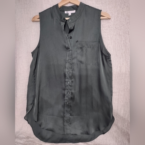 DR2 Blouse Tunic Top Sleeveless Satin Round Neck Sz S Green‎ Oversized Feminine - Picture 2 of 9